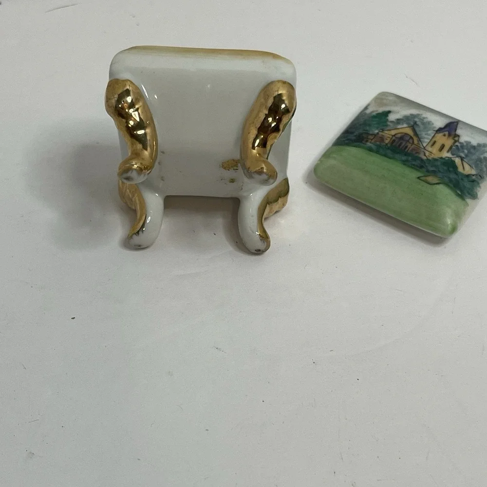 TRINKET BOX HAND PAINTED CHURCH LANDSCAPE FOOTED PORCELAIN JEWELRY RING ANTIQUE